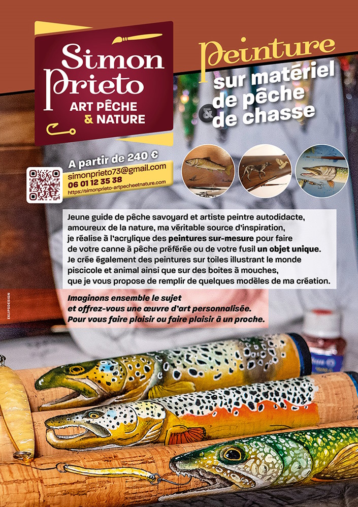 flyer simon prieto peinture de salmonidé sur un talon de canne et explication peinture