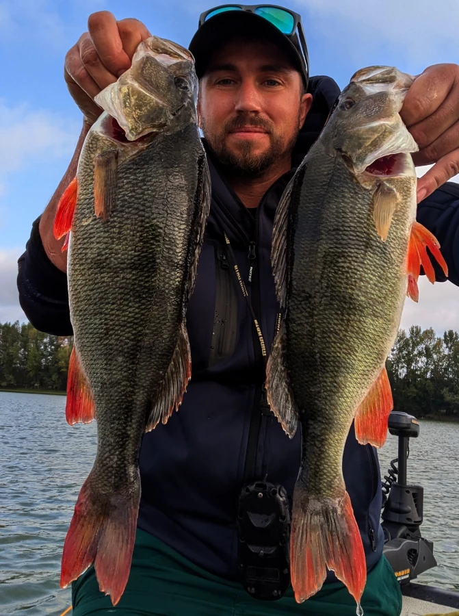 Florian Berthonneau moniteur-guide de pêche avec deux belles perches
